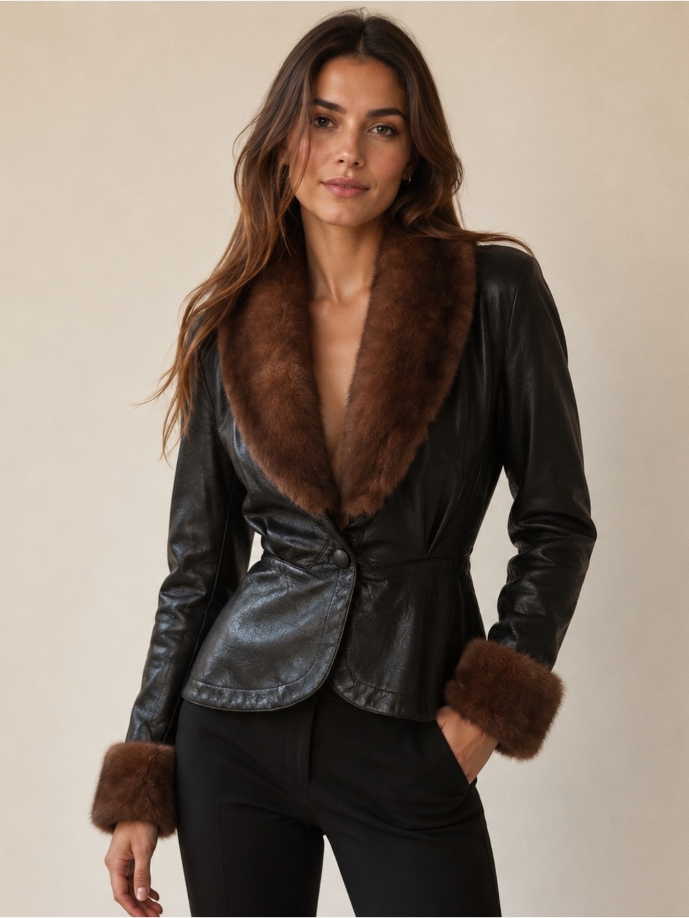 Cache Black Leather Jacket Brown Fur Collar Cuffs Trim Vintage Women’s S Fitted
